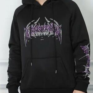 SHEIN X Men’s Black Hoodie Size S Purple Metal Graphic Long Sleeve Streetwear